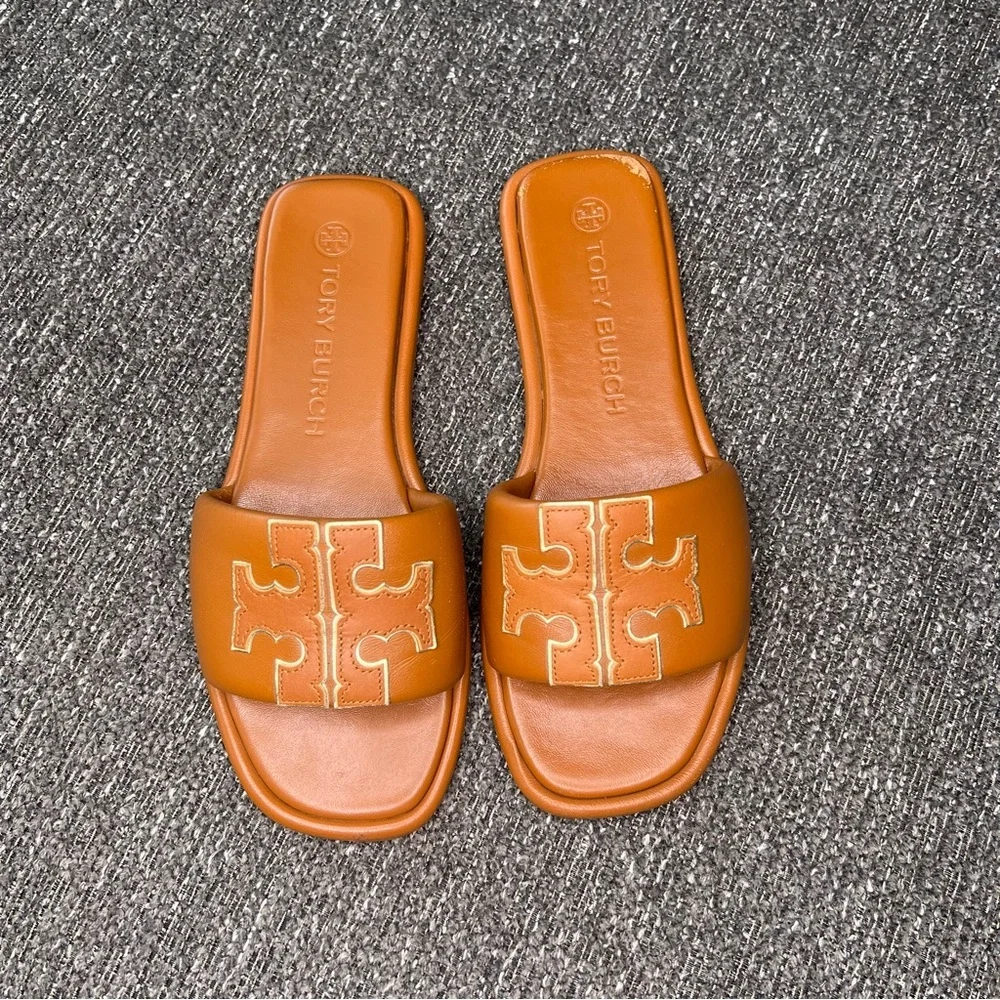 Tory Burch Tan Slide Sandals with Embossed Detailing. #30